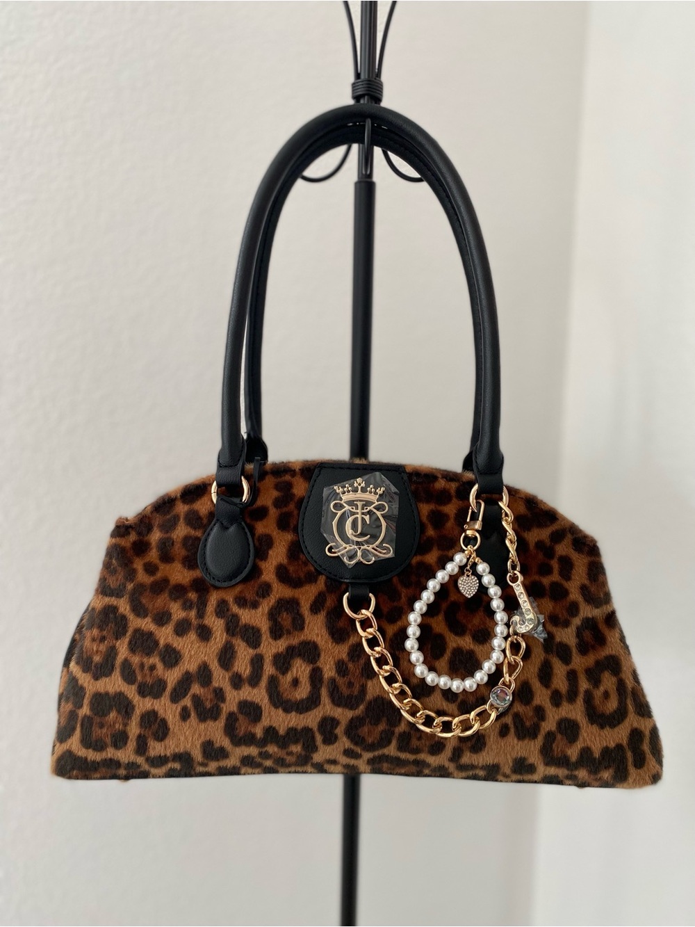 Juicy Couture Leopard Print Satchel with Black Handles and Gold Chain
